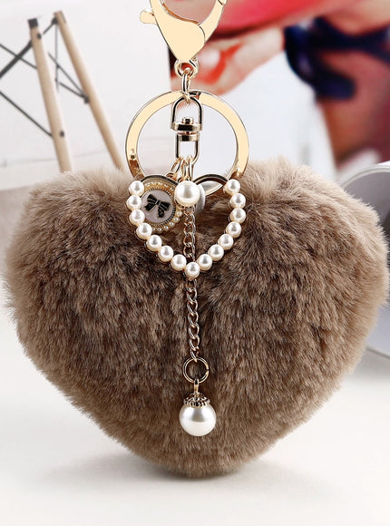 Fuzzy Heart Pearl Drop Keyring