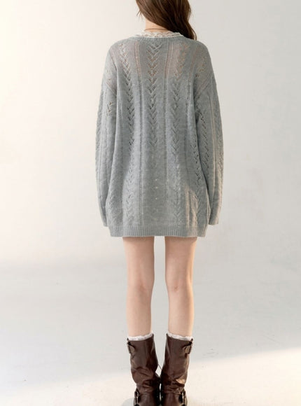Sheer Lace-Trim Knit Cardigan Set